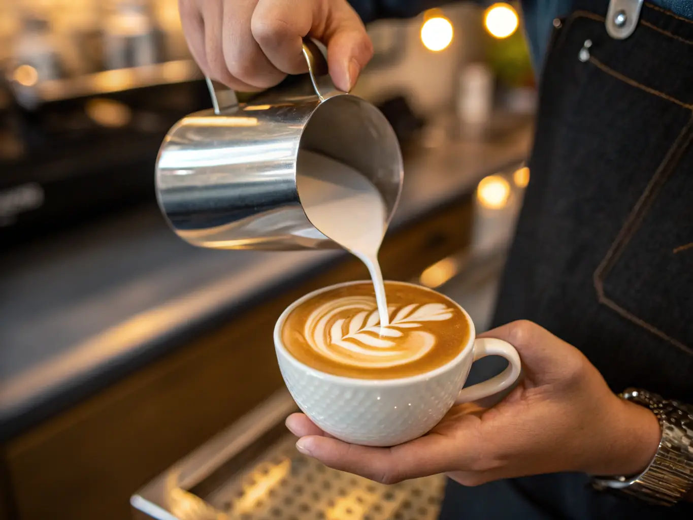 A close-up shot of a barista pouring latte art into a cappuccino, showcasing the skill and care that goes into each cup of specialty coffee at BrewilloCafe.