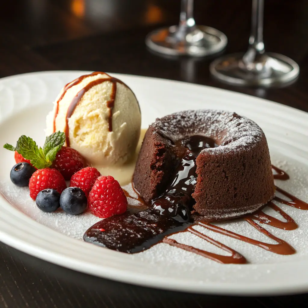 A slice of chocolate cake with a scoop of vanilla ice cream on a plate.