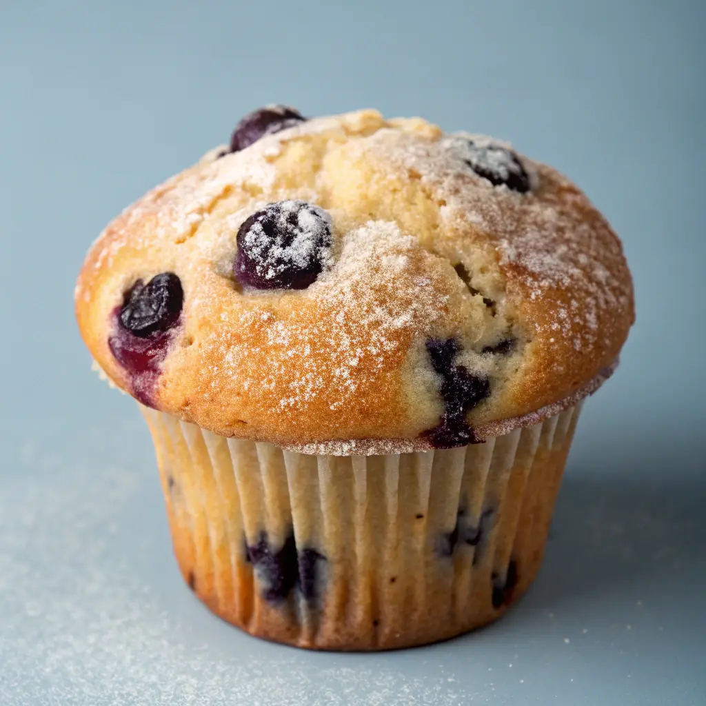 A blueberry muffin with a sprinkle of sugar on top.