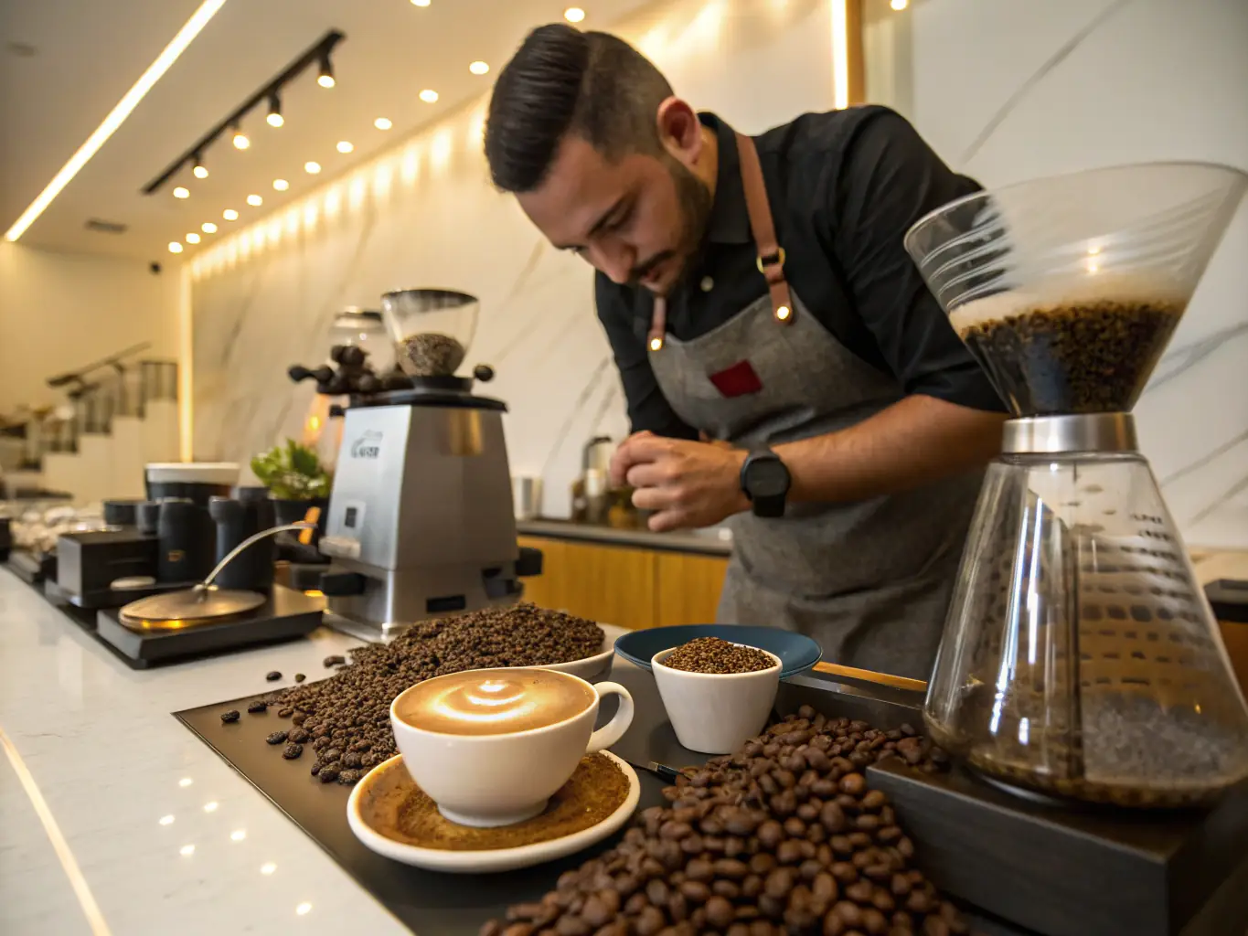 A close-up shot of a barista expertly pouring latte art into a cappuccino at BrewilloCafe, showcasing the precision and care taken in crafting each coffee beverage.