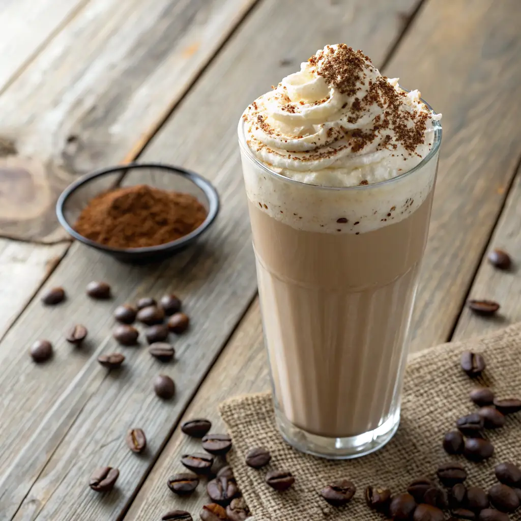 A glass of iced latte with caramel drizzle on a sunny day.