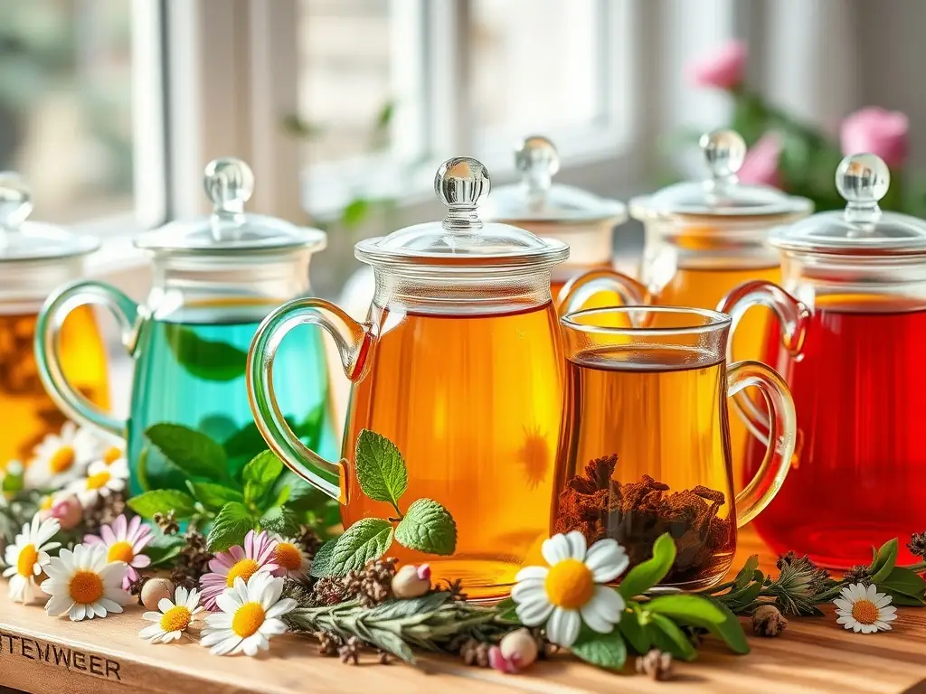 A vibrant image of various tea blends and herbal infusions displayed on a wooden tray at BrewilloCafe, highlighting the variety and quality of the tea selection.