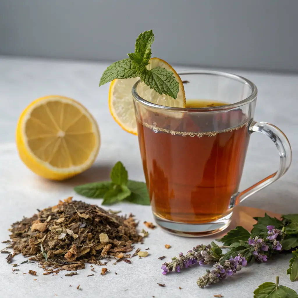 A cup of herbal tea with lemon and honey on a rustic table.