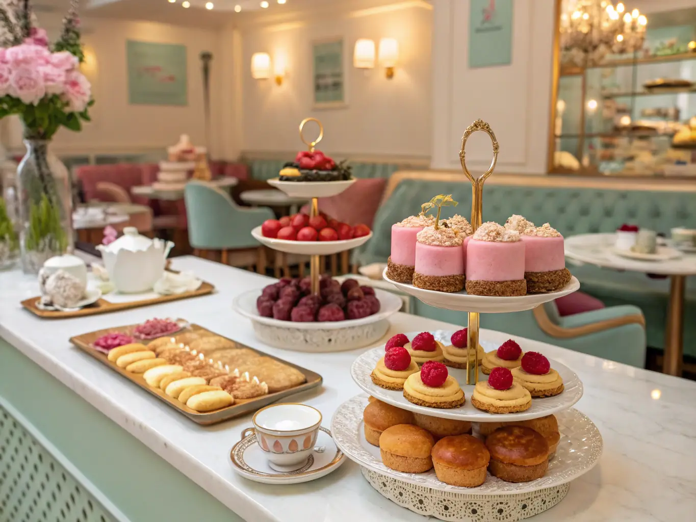 A mouth-watering display of assorted pastries and cakes on a tiered stand, accompanied by a cup of coffee, showcasing the delicious desserts and snacks available at BrewilloCafe.