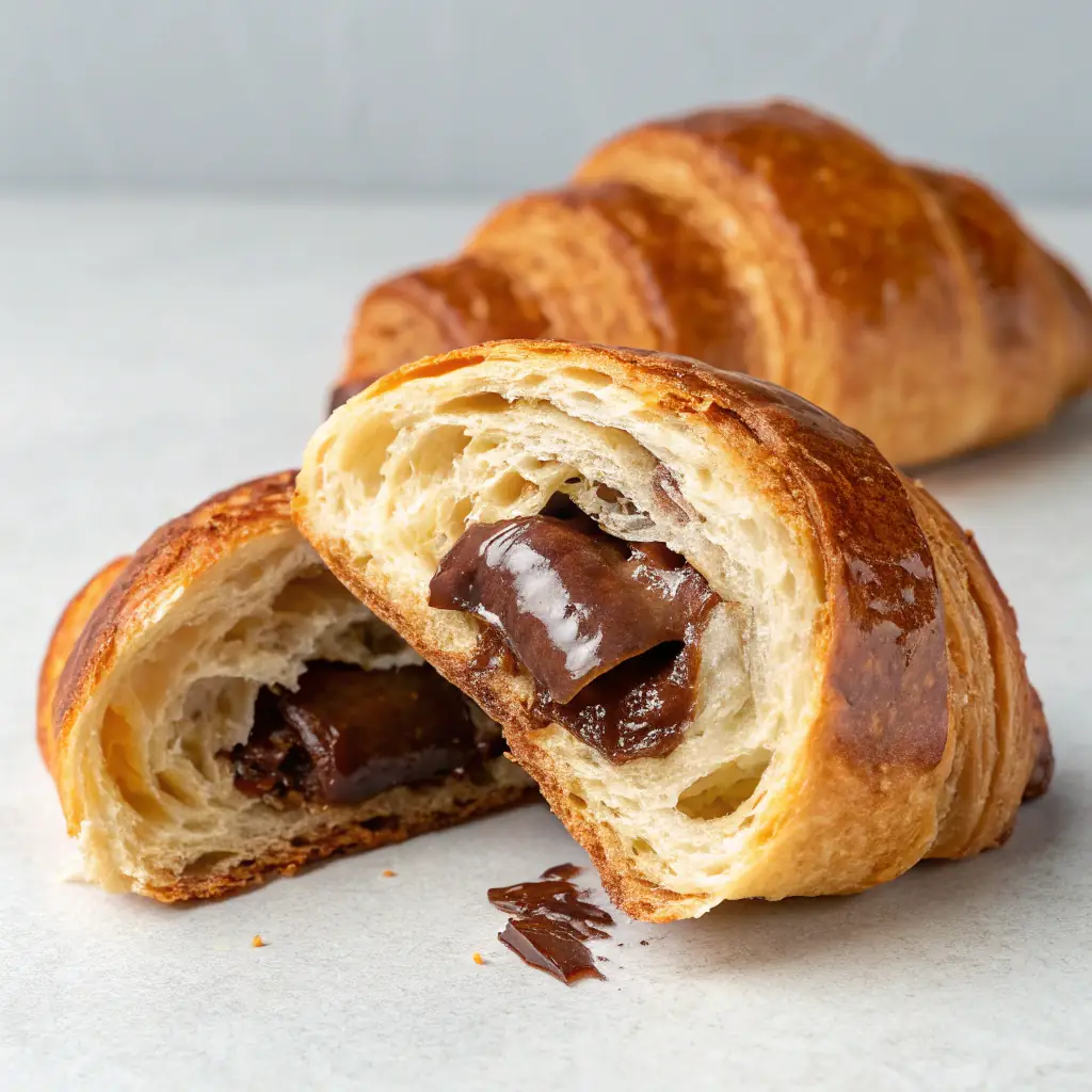 A croissant filled with ham and cheese on a white plate.