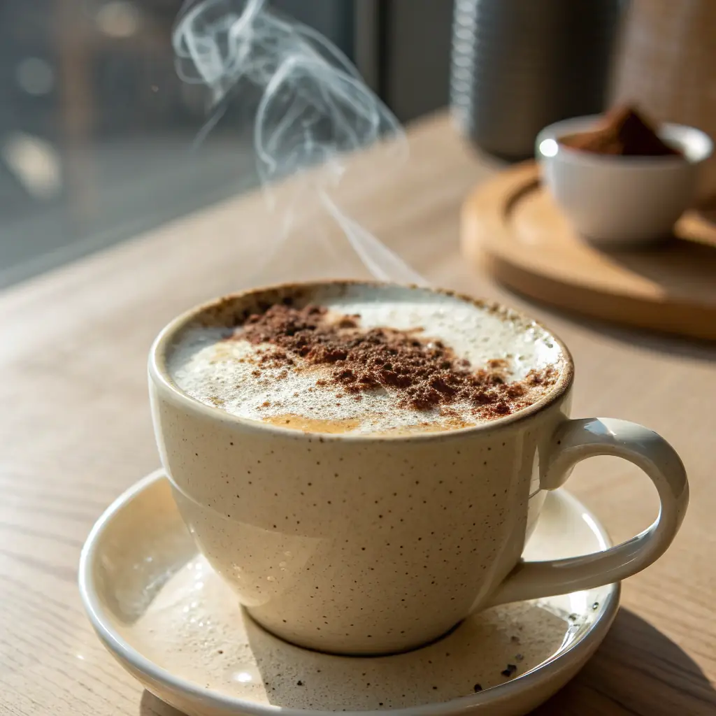 A cup of cappuccino with latte art on a wooden table.