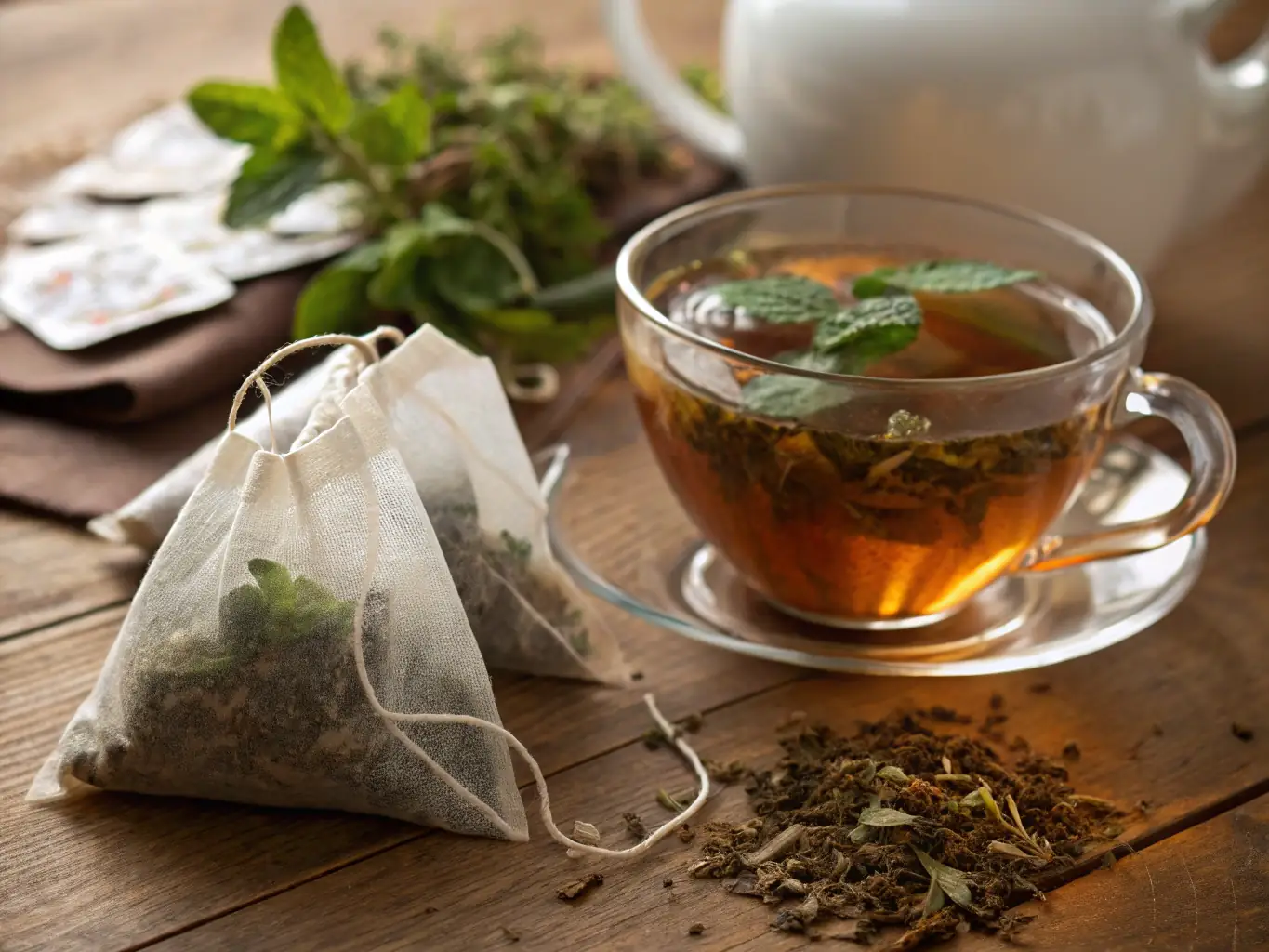 A serene image of a glass teapot filled with blooming herbal tea, set on a rustic wooden table, highlighting the calming tea selection at BrewilloCafe.